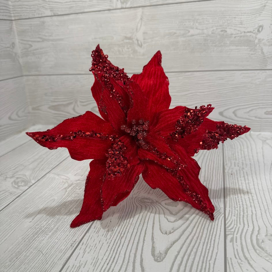 10"D GLITTER VELVET POINSETTIA W/ CLIP - X26472-RED *RD