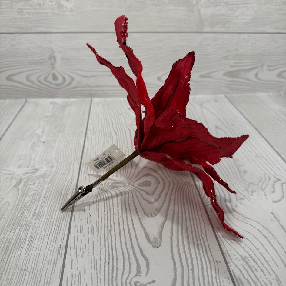 10"D GLITTER VELVET POINSETTIA W/ CLIP - X26472-RED *RD