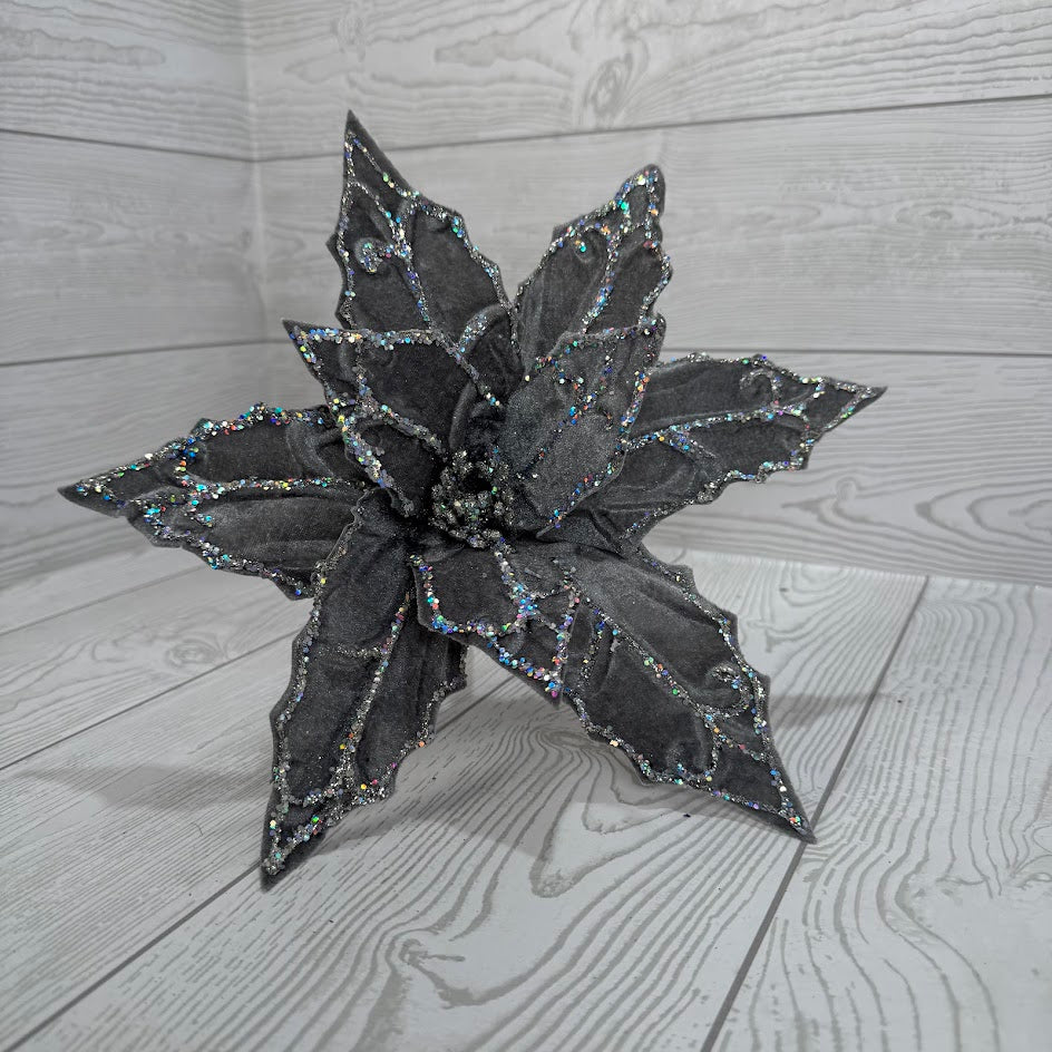 12"D VELVET POINSETTIA W/ CLIP - X26488-SLVR * RD