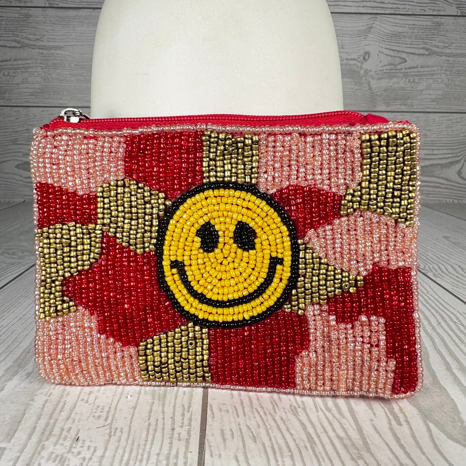 ZIPPER POUCH 5 1/2"X4" - SMILEY WITH PINK/RED/GOLD - HD00247
