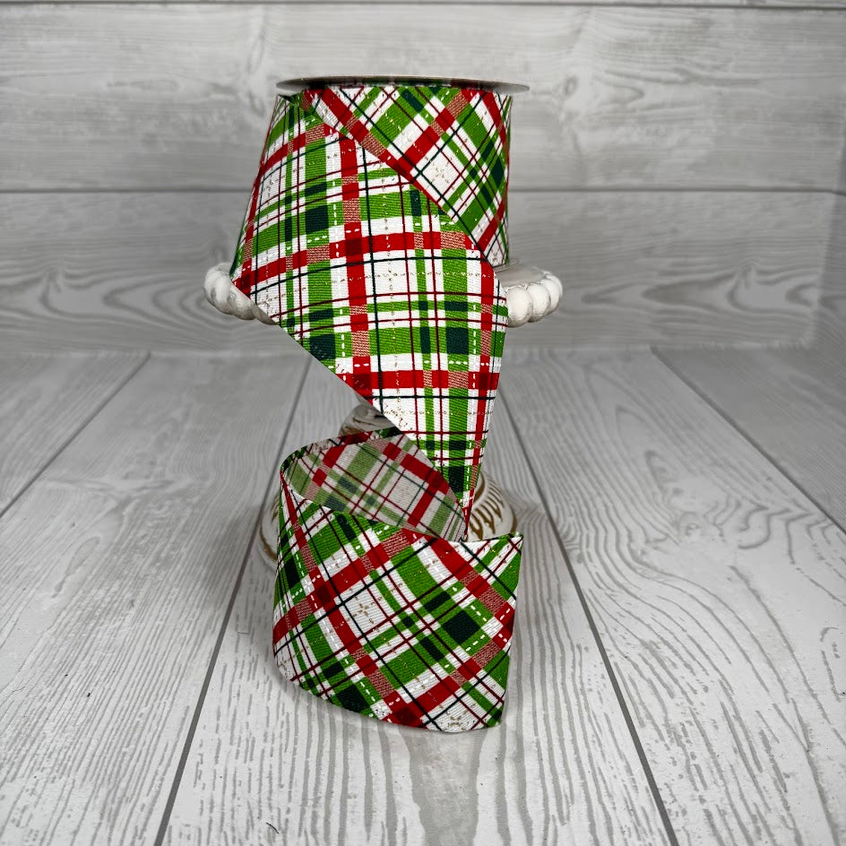 2.5"X10YD DIAGONAL PRINTED PLAID - RED/GREEN/WHITE - 76314-40-08