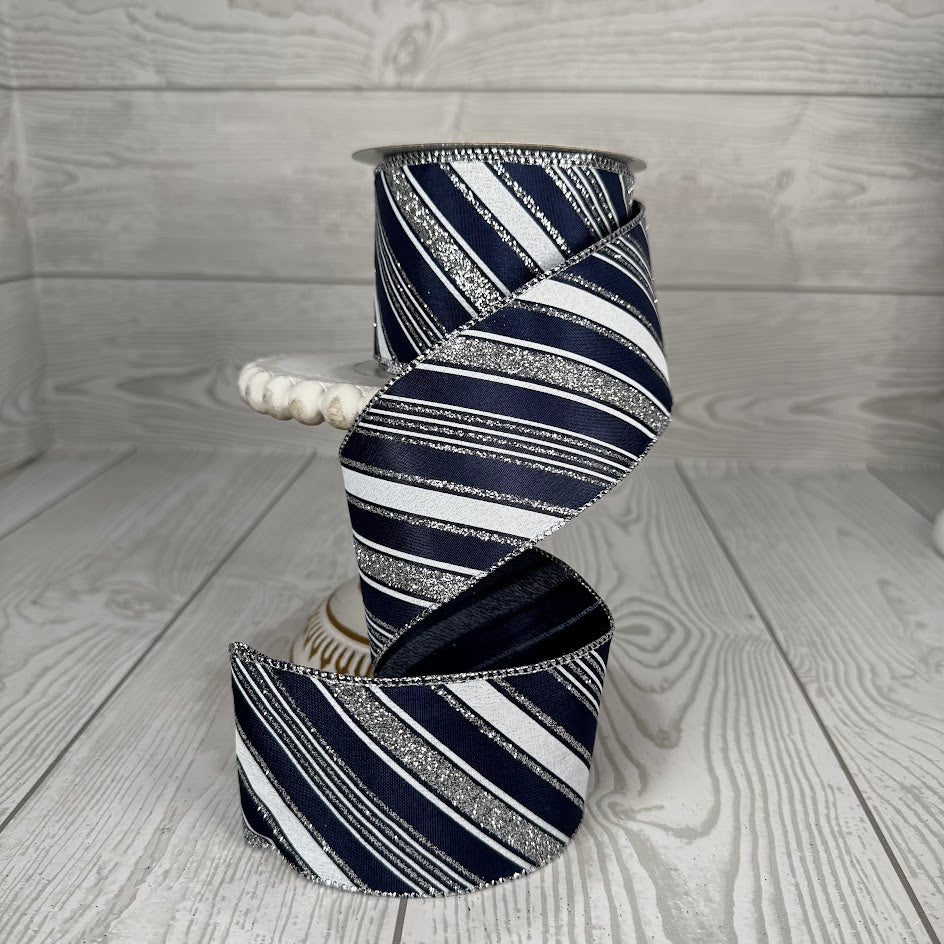 2.5"X10YD DIAGONAL LINE/SATIN - BLUE/WHITE/SILVER - RGE142319