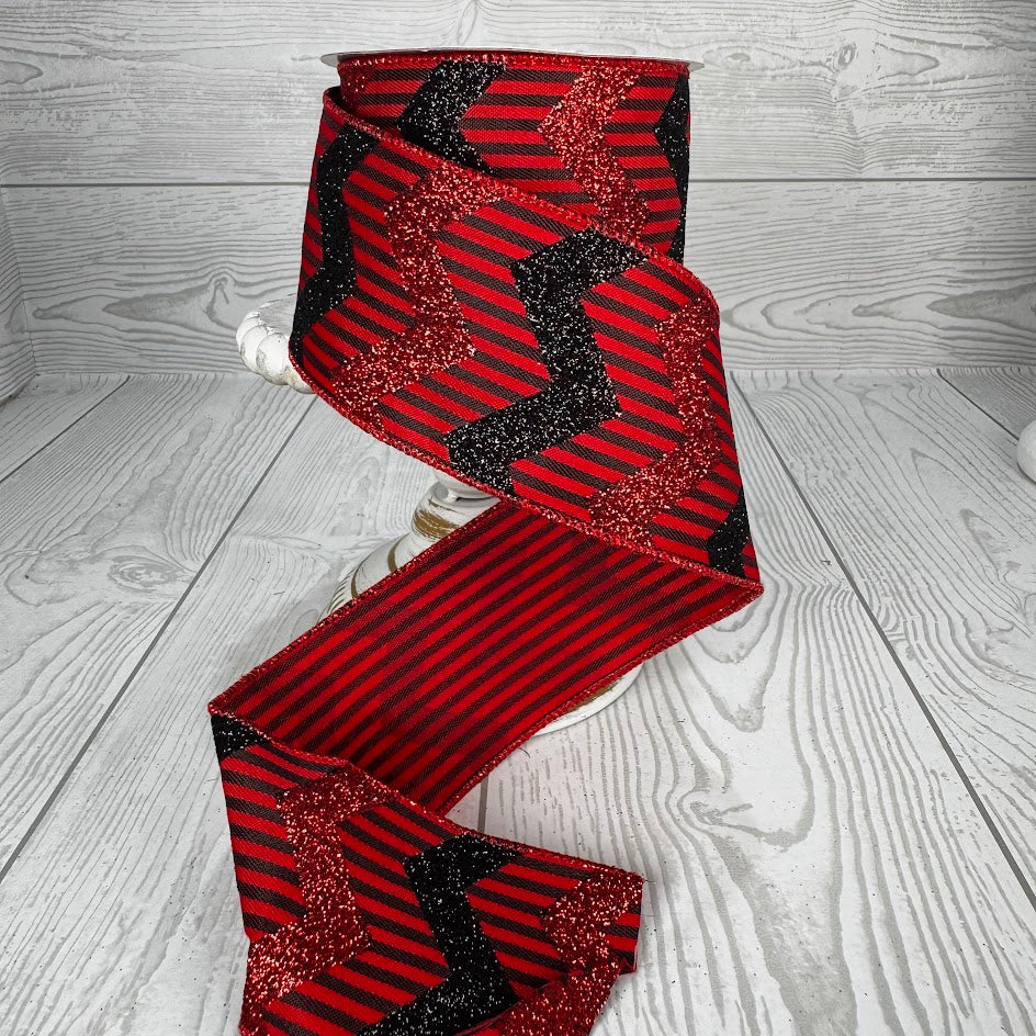 2.5"X10YD STRIPES AND GLITTER CHEVRON - RED/BLACK - RGC1238MA
