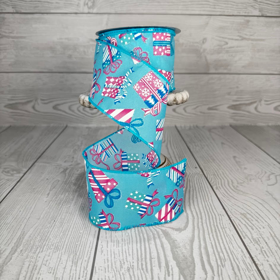 2.5"X10YD GIFTWRAPPED PRESENTS GLITTER - AQUA/TEAL/PINK/BLUE/WHITE - 71412-40-45