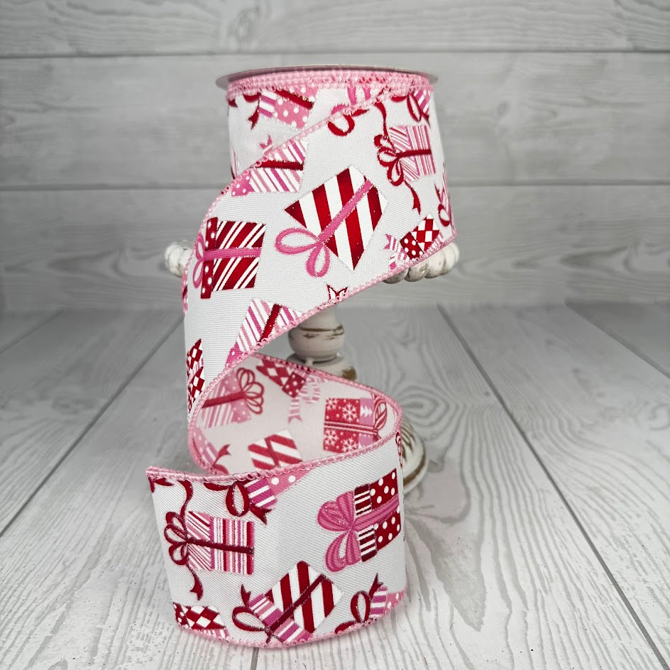 2.5"X10YD GIFT WRAPPED PRESENTS W/ GLITTER - RED/PINK/WHITE - 71413-40-03