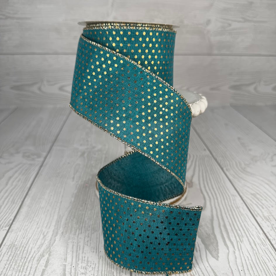 2.5"X10YD ROYAL SWISS DOTS - TEAL/GOLD - RG0190871