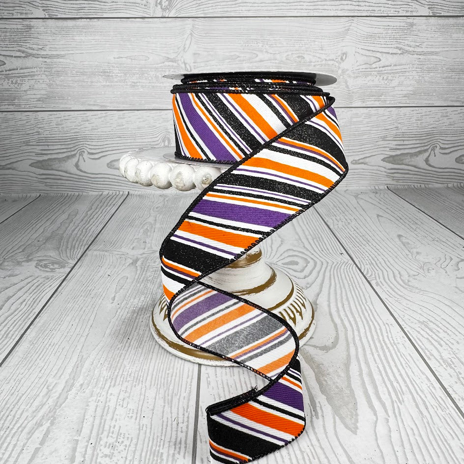 1.5"x10YD DIAGONAL STRIPE - ORANGE/BLACK/PURPLE/WHITE - RGE182489