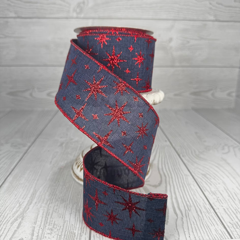 2.5"X10YD RETRO STARS ON WOVEN/METALLIC - DENIM BLUE/RED - RGB112819