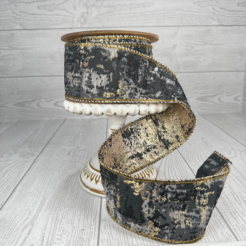 2.5"X10YD CAPRICE BARK JACQ RIBBON - BLACK/GREY/GOLD - 7350W-030-100E