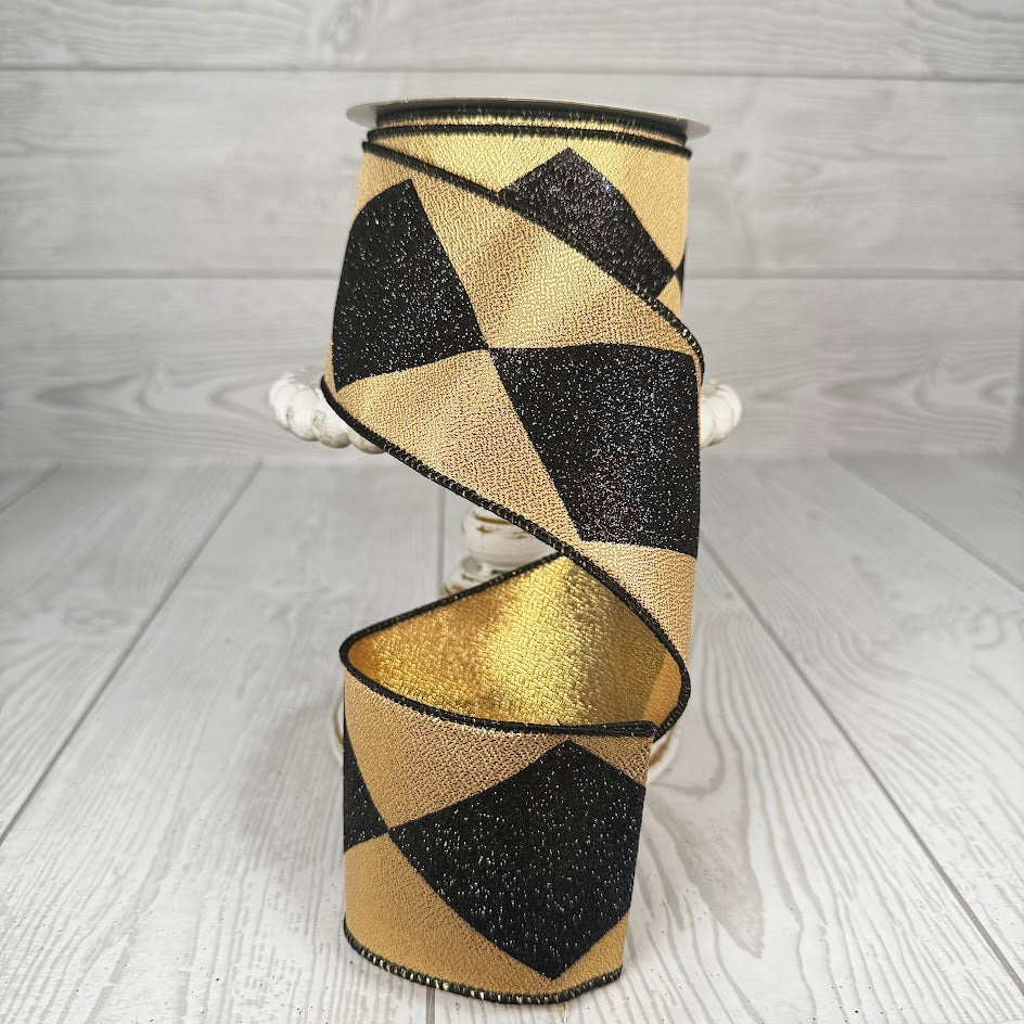 2.5"X10YD BOLD HARLEQUIN/METALLIC - BLACK/GOLD - RGB102208