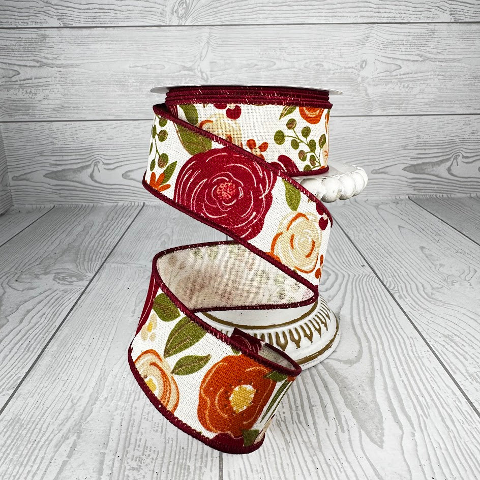 1.5"X10YD BOLD BLOOMS ON COTTON - CREAM/ORANGE/YELLOW/GREEN/BURGUNDY - RGA1684MY