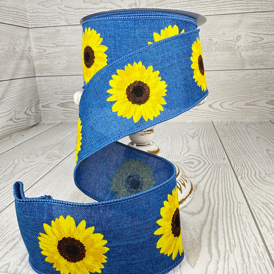 2.5"X10YD BOLD SUNFLOWER ON ROYAL - BLUE/YELLOW/BROWN - RG0181325