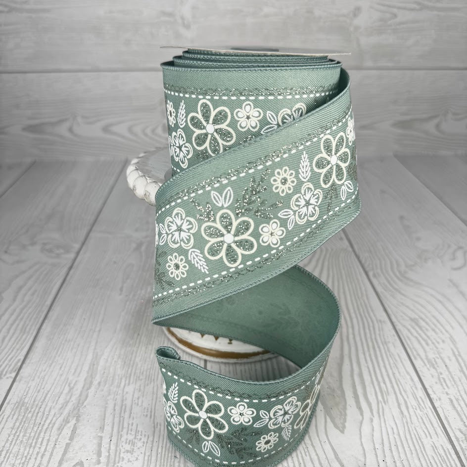 2.5"X10YD FLORAL TRIM - SAGE GREEN/WHITE/CHAMPAGNE - RGF1552H2