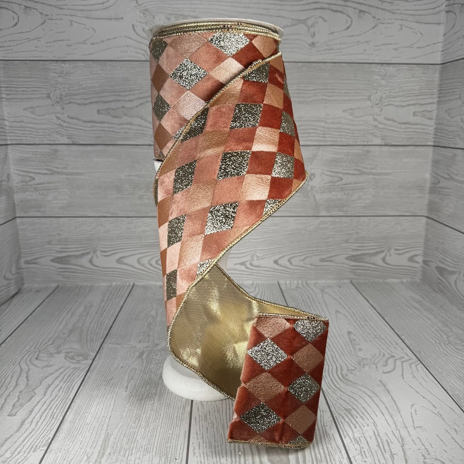 4"X10YD DIAMOND GLITTER PRINT ON VELVET RIBBON - ROSE/GOLD/CHAMPAGNE - DCR5537