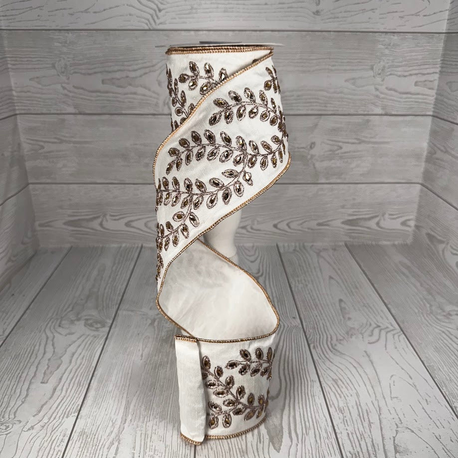 4"5YD JEWEL LEAF ON DUPIONI RIBBON - WHITE/ROSE GOLD/IVORY - DCR5544