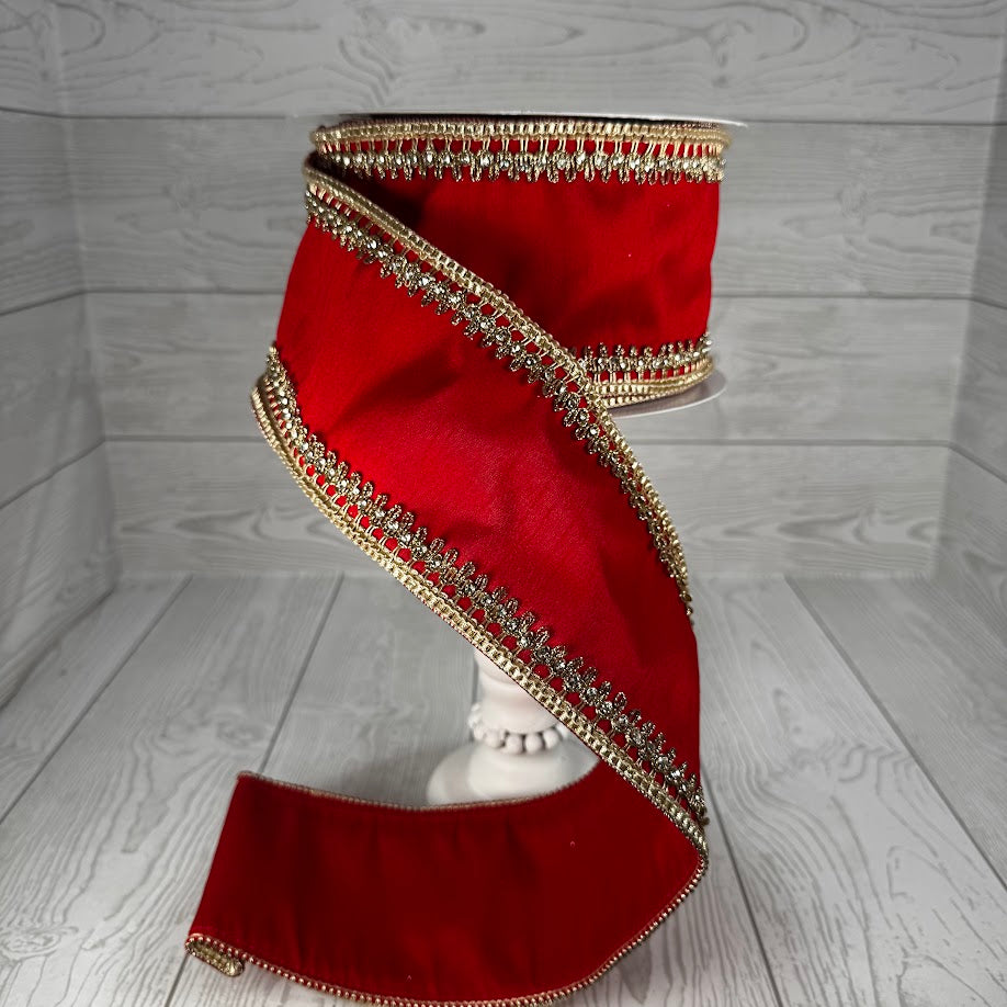 4"X10YD SHINE BRIGHT DIAMOND TRIM FAUX SATIN - RED - DCR3784RD