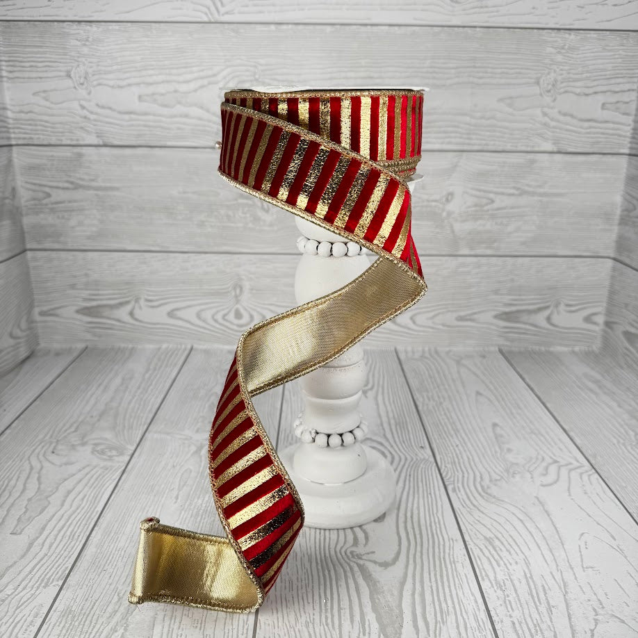 1.5"X10YD METALLIC GOLD STRIPE RED VELVET - GOLD/RED - DCR3710