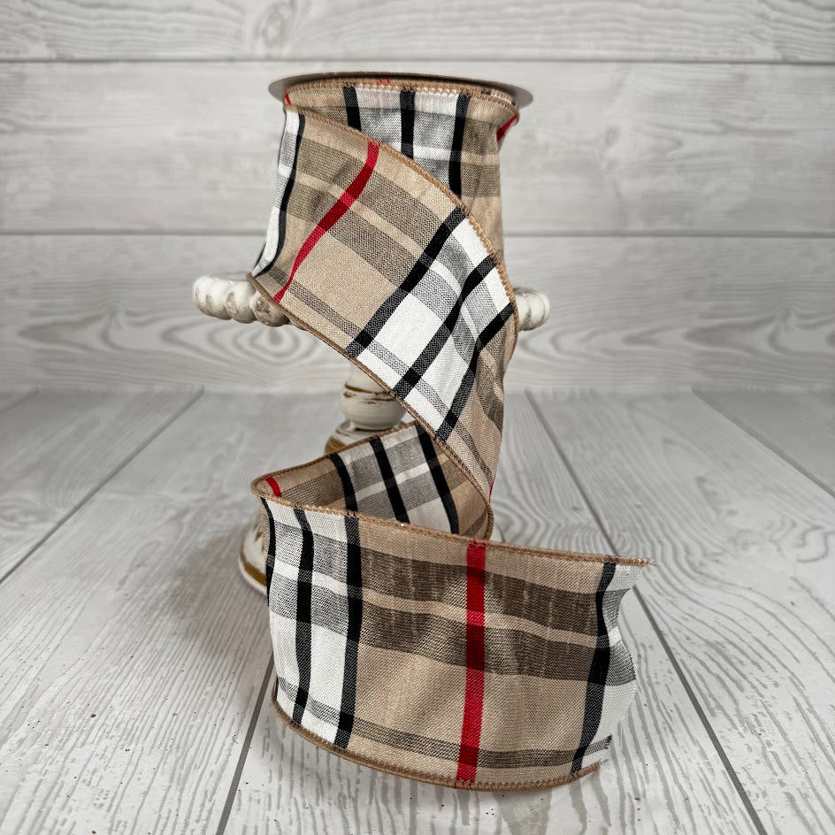 2.5"X10YD PLAID FAUX DUPIONI - TAN/RED/BLACK/WHITE - RGC13325Y