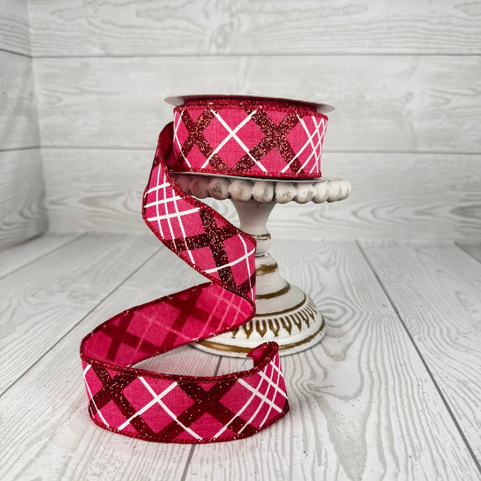 1.5"X10YD GLITTER DIAGONAL PLAID/ROYAL - PINK/WHITE/RED - RGA124711