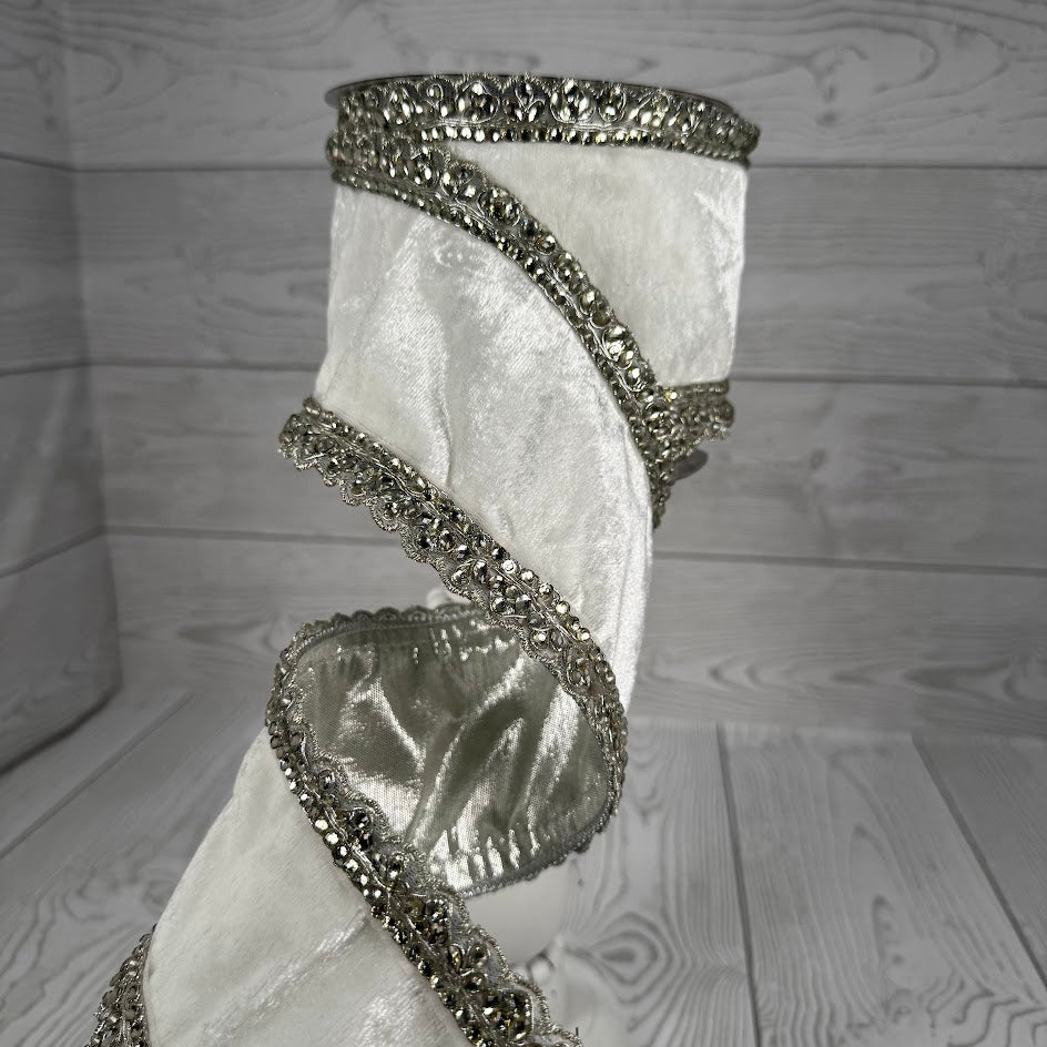 4"X5YD WHITE VELVET METALLIC SILVER DUPION W/JEWELED TRIM - JME - JME-WN25-077-W-4