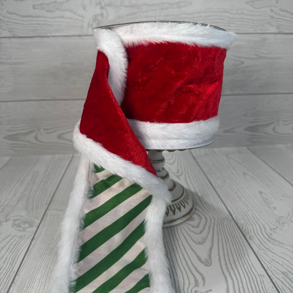 4"X5YD VELVET RED/WHITE FUR WITH GREEN/WHITE STRIPE BACKING - JME - JMEWN25-091-RED-4