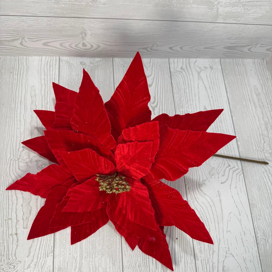 15IN VELVET POINSETTIA STEM - RED - 40474 * G