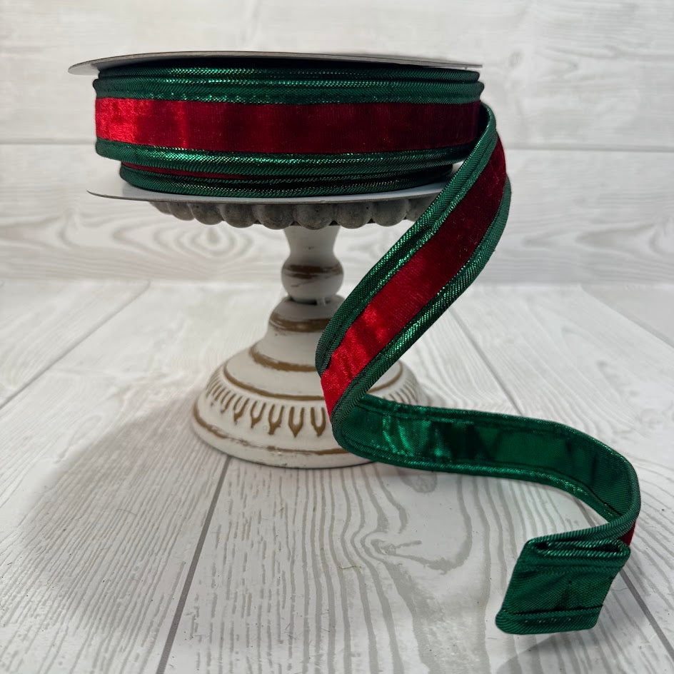 1"X10YD RED VELVET DBL FUSED METALLIC DUPION GREEN PIPING - RED/GREEN - JME - JME-WN25-025-RED