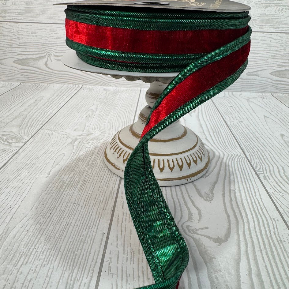 1"X10YD RED VELVET DBL FUSED METALLIC DUPION GREEN PIPING - RED/GREEN - JME - JME-WN25-025-RED