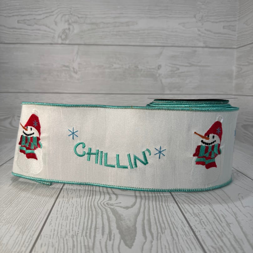4"X10YD SNOWMAN AND CHILLILIN EMBROIDERY ON WHITE DUPIONI W/ WHITESHEER BACK & AQUA EDGE - DCR2A3240
