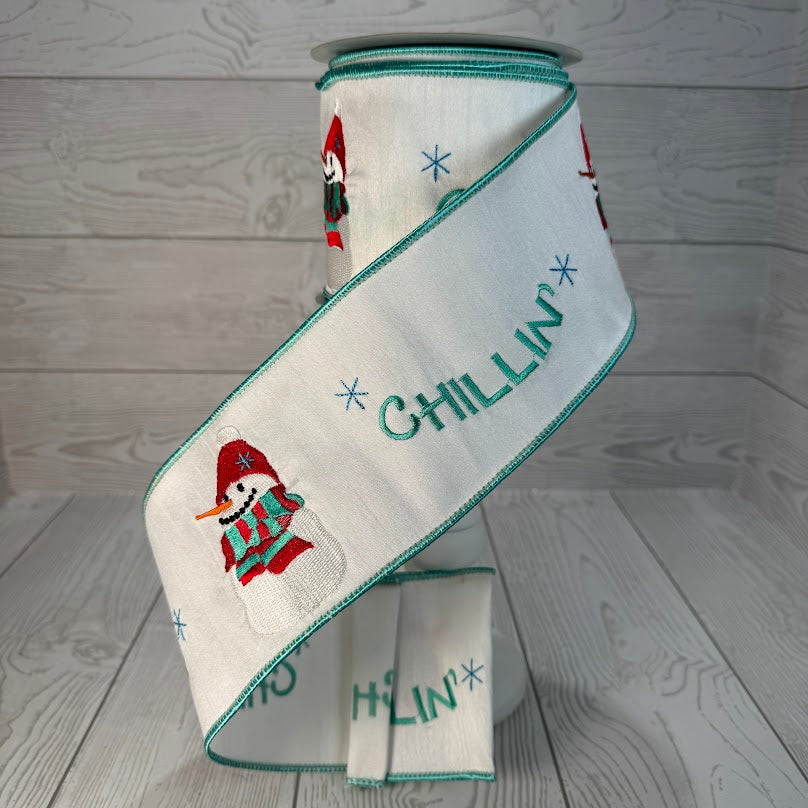 4"X10YD SNOWMAN AND CHILLILIN EMBROIDERY ON WHITE DUPIONI W/ WHITESHEER BACK & AQUA EDGE - DCR2A3240
