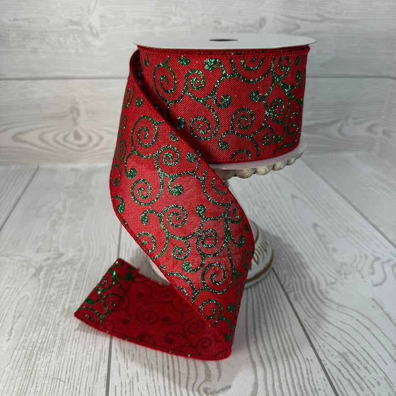2.5"X10YD GLITZ GREEN SWIRL RED FAUX LINEN RIBBON - DC23727
