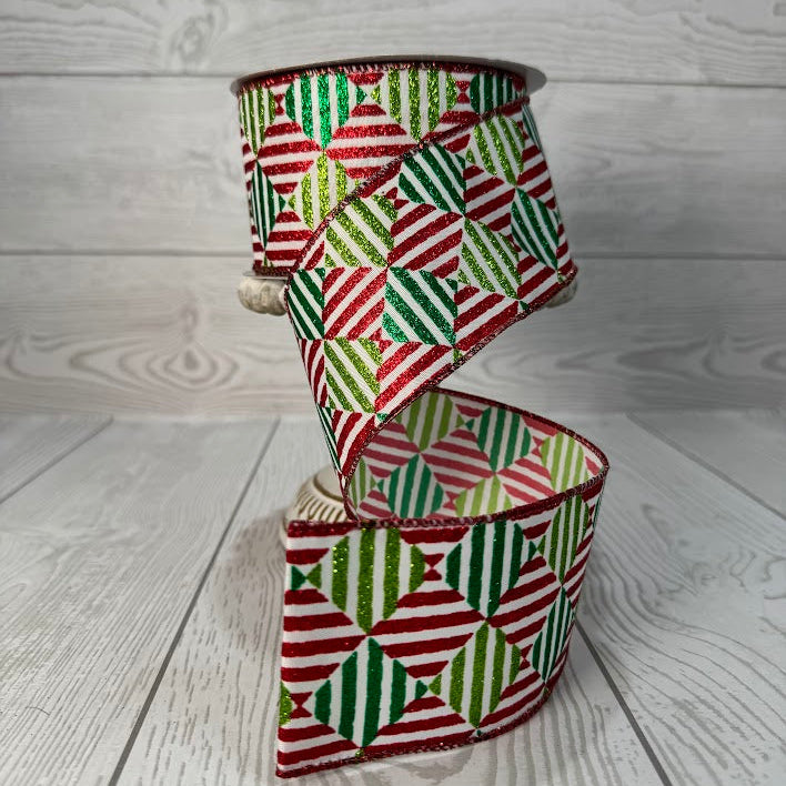 2.5"X10YD PEPPERMINT TWIST GEOMETRIC SHAPED RIBBON - DC19573