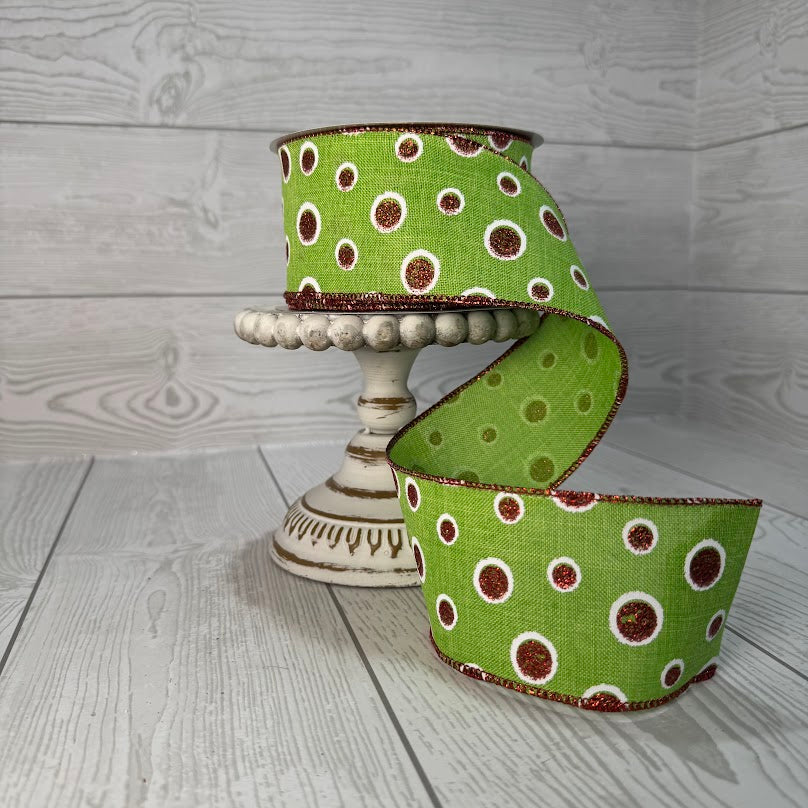 2.5"X10YD LIME W/ WHITE OUTLINE RED GLITTER POLKA DOTS & RED EDGE - DC16005