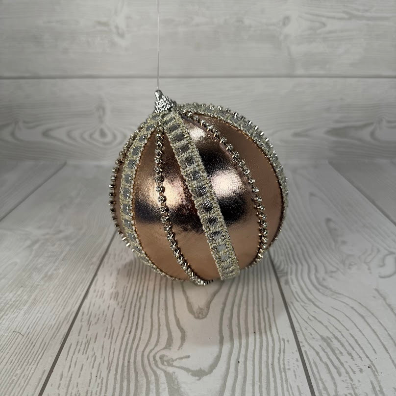 METALLIC RHINESTONE STRIPE BALL ORNAMENT - CHAMPAGNE 6" - DCORN5021