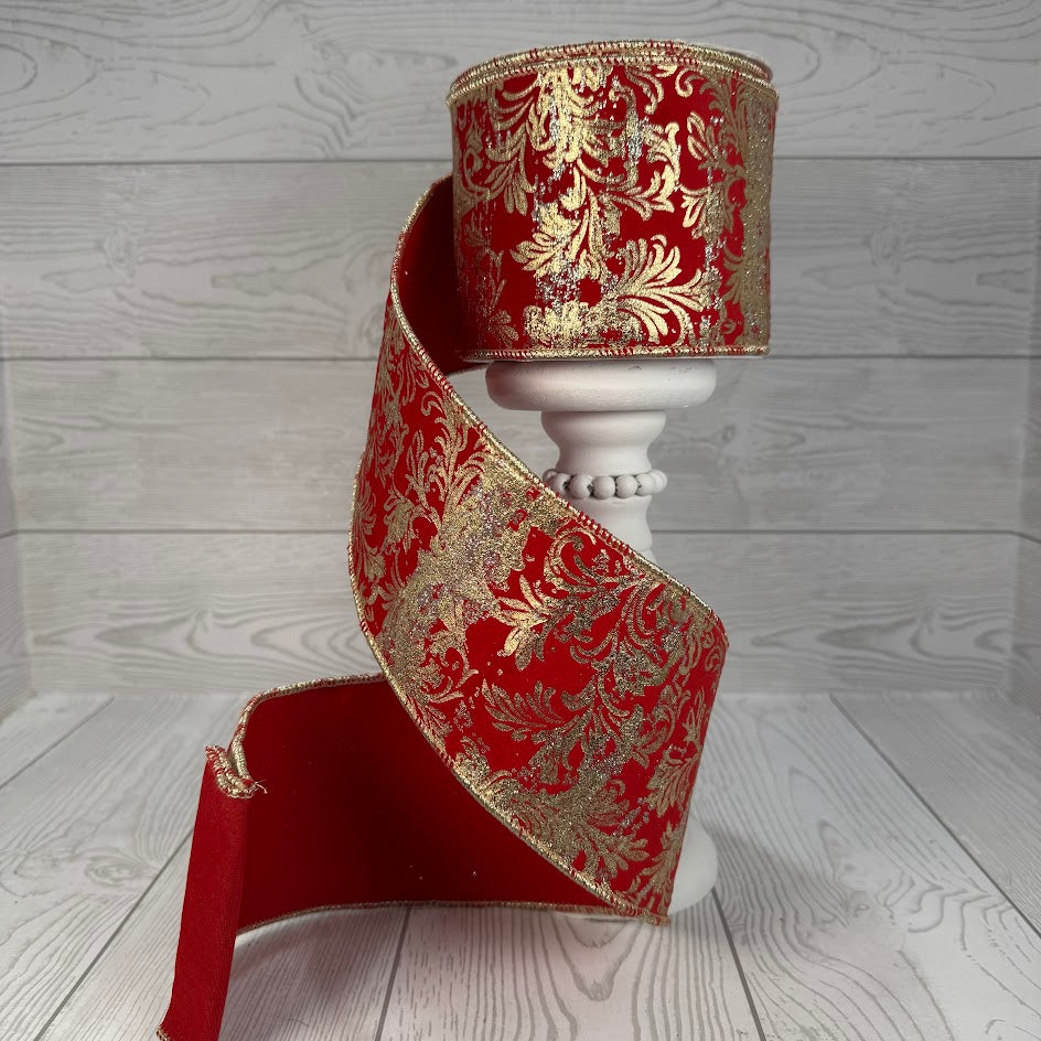 4"X10YD GOLD FOIL ACANTHUS PRINT WITH GLITTER ON RED VELVET RIBBON W/ RED BACK - RED/GOLD - DCR5974