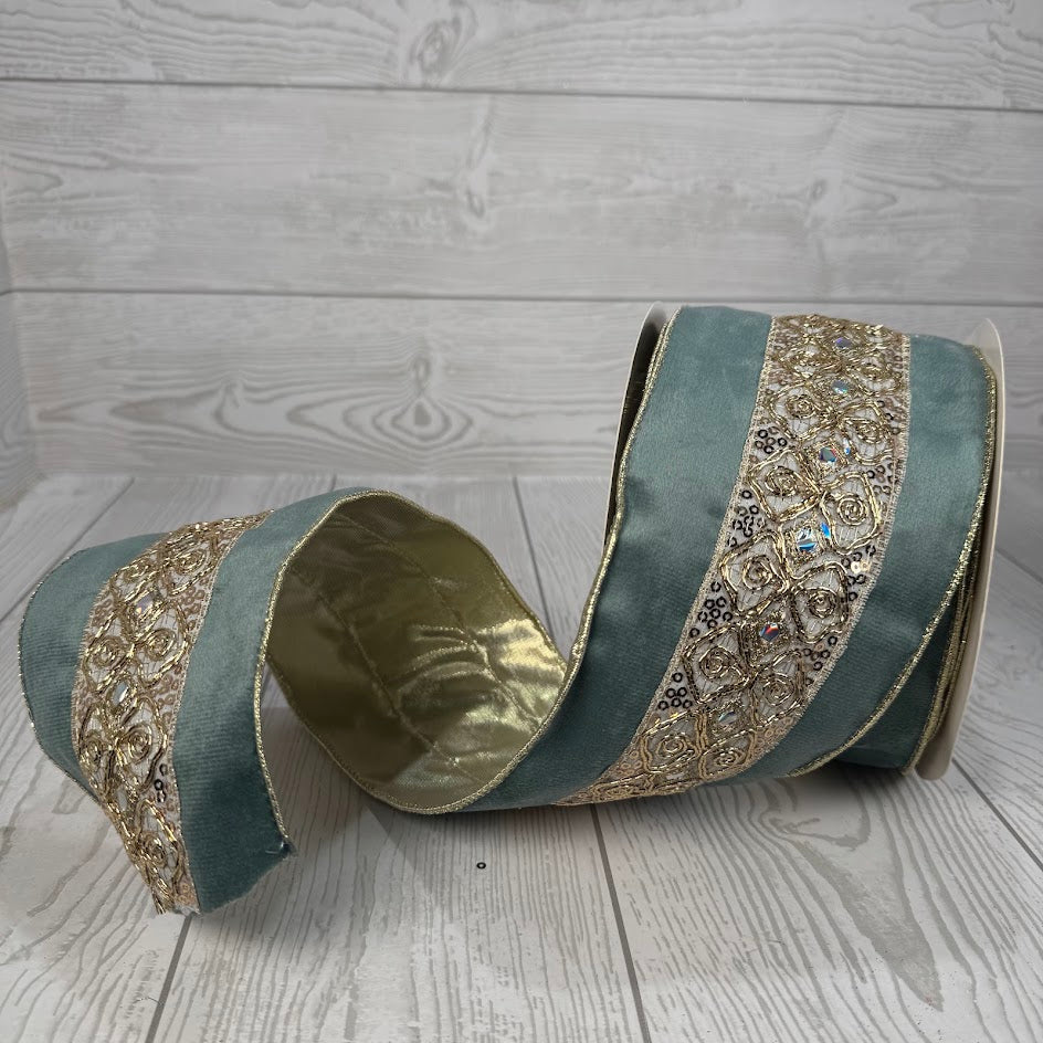 4"X10YD EMBOSSED GOLD TRIM ON SOFT AQUA RIBBON - DCRC1066