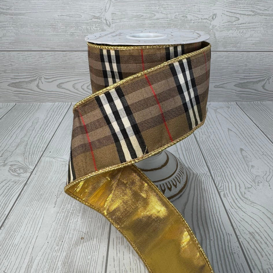 2.5"X10YD BERRY BLACK AND TAN PLAID RIBBON WITH GOLD BACK - DCR5770