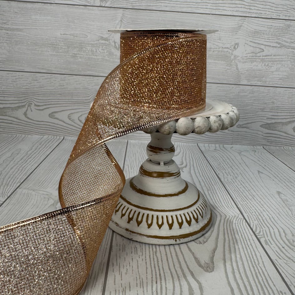 2.5"X10YD GLITTER GRID MESH RIBBON W/FOIL WIRED EDGE - ROSE GOLD - DCRC1099