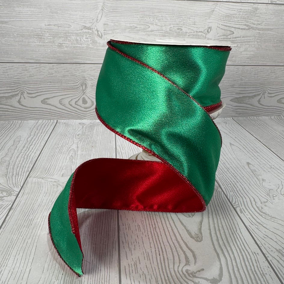 2.5"X10YD RED/GREEN REVERSIBLE SATIN WIRED RIBBON - DCRC1081