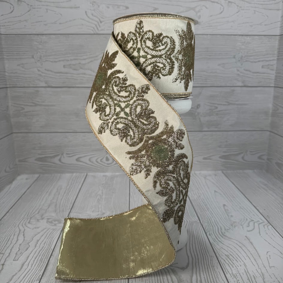 4"X10YD GOLD REGAL BEADED DESIGN ON IVORY FAUX DUPIONI RIBBON W/ GOLD BACK - DCR5552