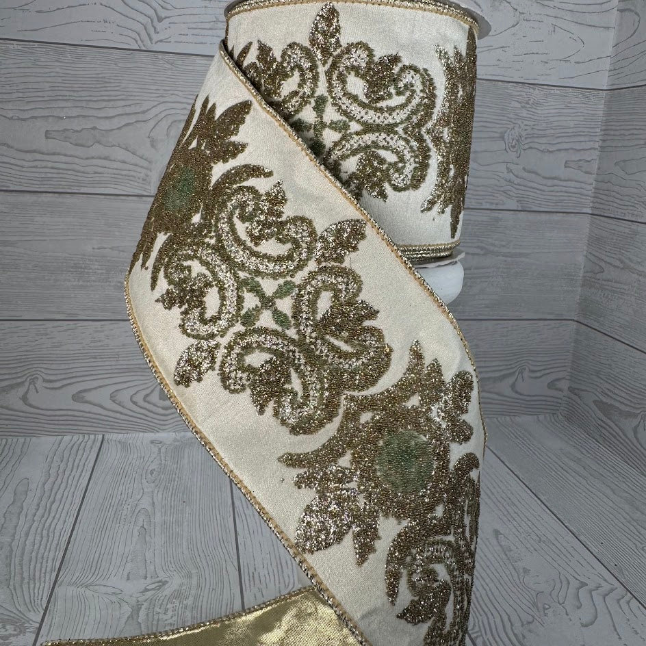 4"X10YD GOLD REGAL BEADED DESIGN ON IVORY FAUX DUPIONI RIBBON W/ GOLD BACK - DCR5552