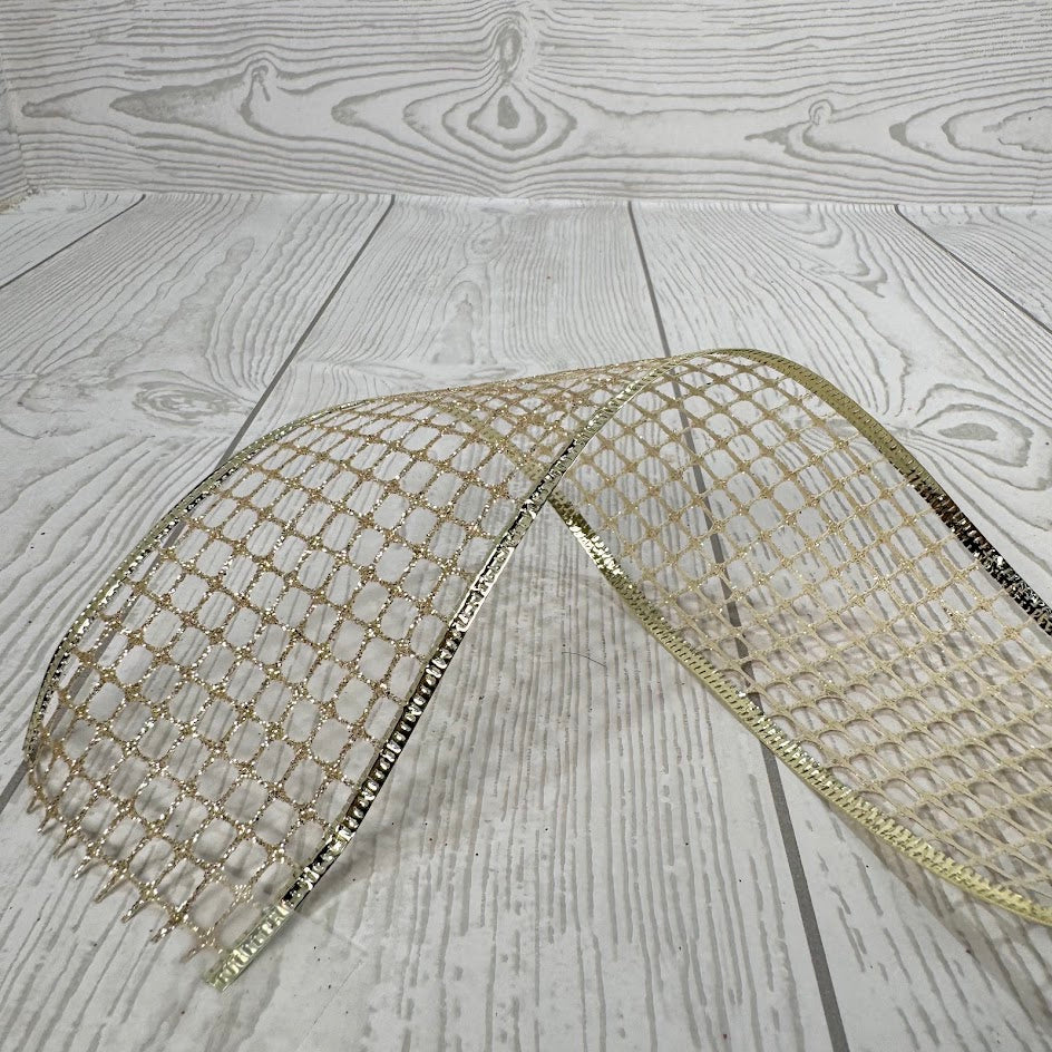 2.5"X10YD OPEN WEAVE GLITTER MESH RIBBON W/FOIL WIRE EDGE - CHAMPAGNE - DCRC1089