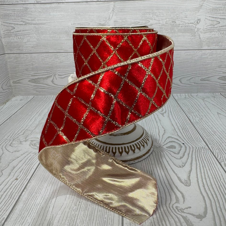 2.5"X10YD GLITTER DIAMOND PATTERN ON VELVET RIBBON - RED - DCRC11250
