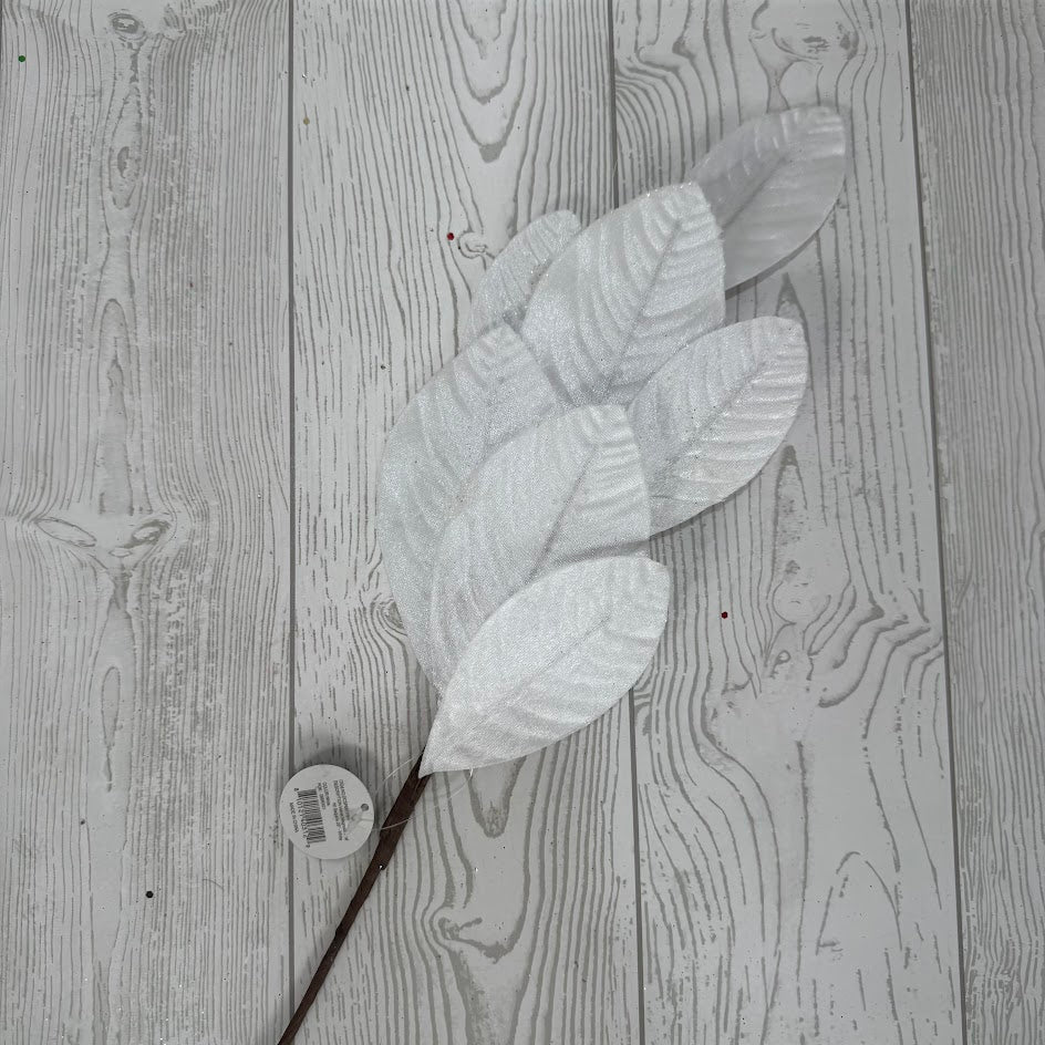 26" VELVET MAGNOLIA LEAF W/ SEQUINS - WHITE - DCSP6611WH
