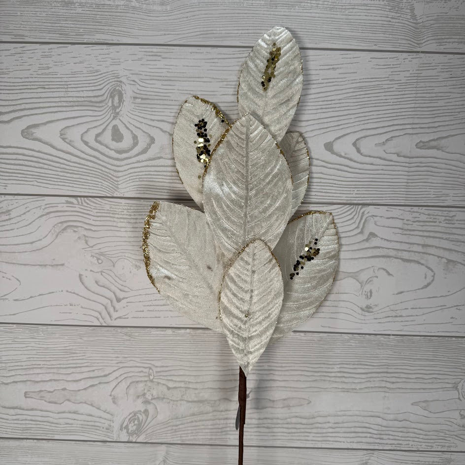26" VELVET MAGNOLIA LEAF W/ SEQUINS - CREAM/GOLD - DCSP6611CR