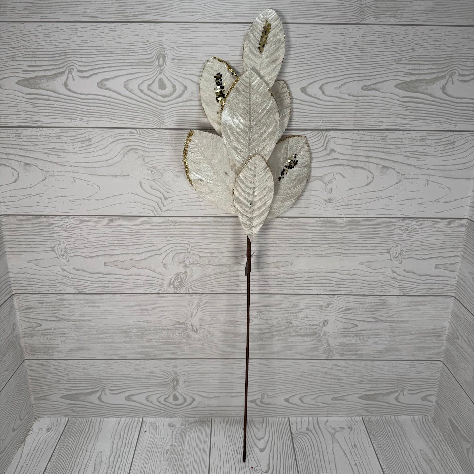 26" VELVET MAGNOLIA LEAF W/ SEQUINS - CREAM/GOLD - DCSP6611CR