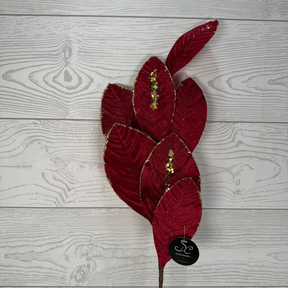 26" VELVET MAGNOLIA LEAF W/ SEQUINS - DARK RED - DCSP6611DKRD