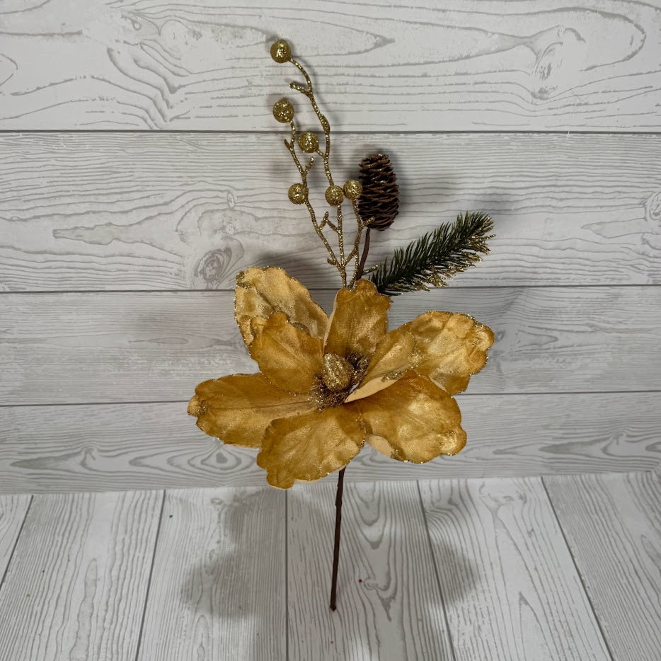 18" VELVET MAGNOLIA GLITTER BERRY PICK - GOLD - DCPC6612GD