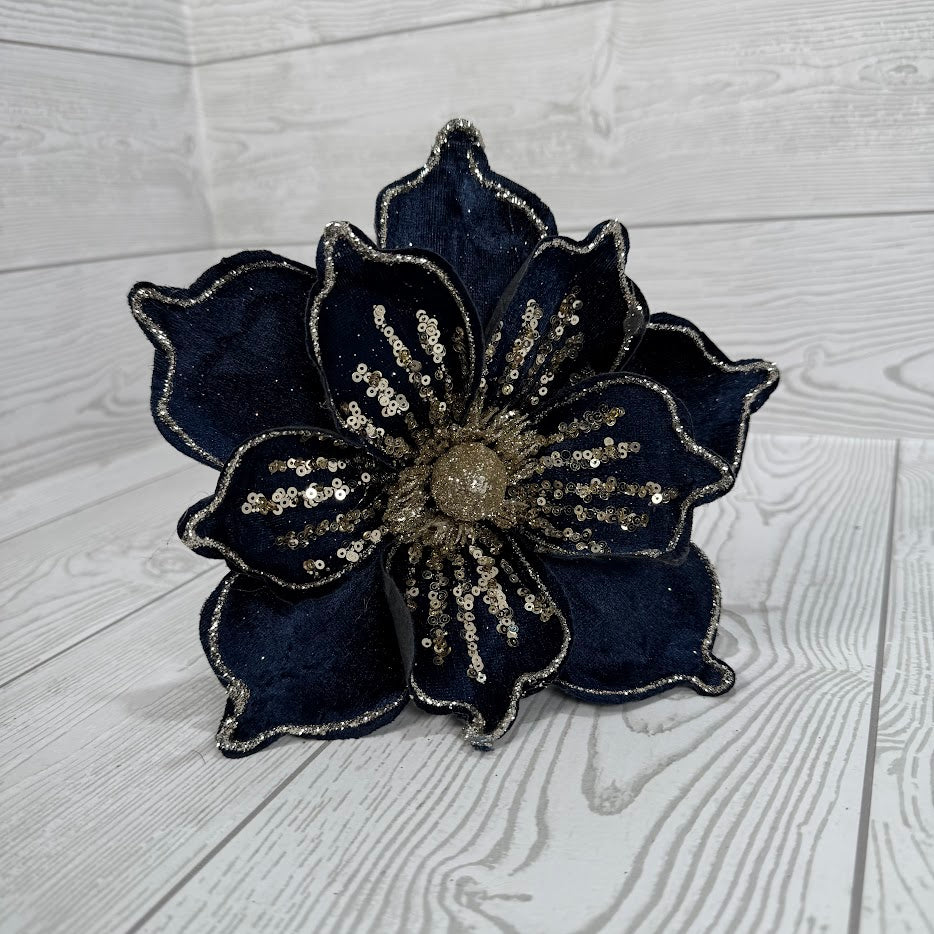 9" VELVET MAGNOLIA STEM WITH SEQUINS - NAVY/CHAMPAGNE - DCSP6671