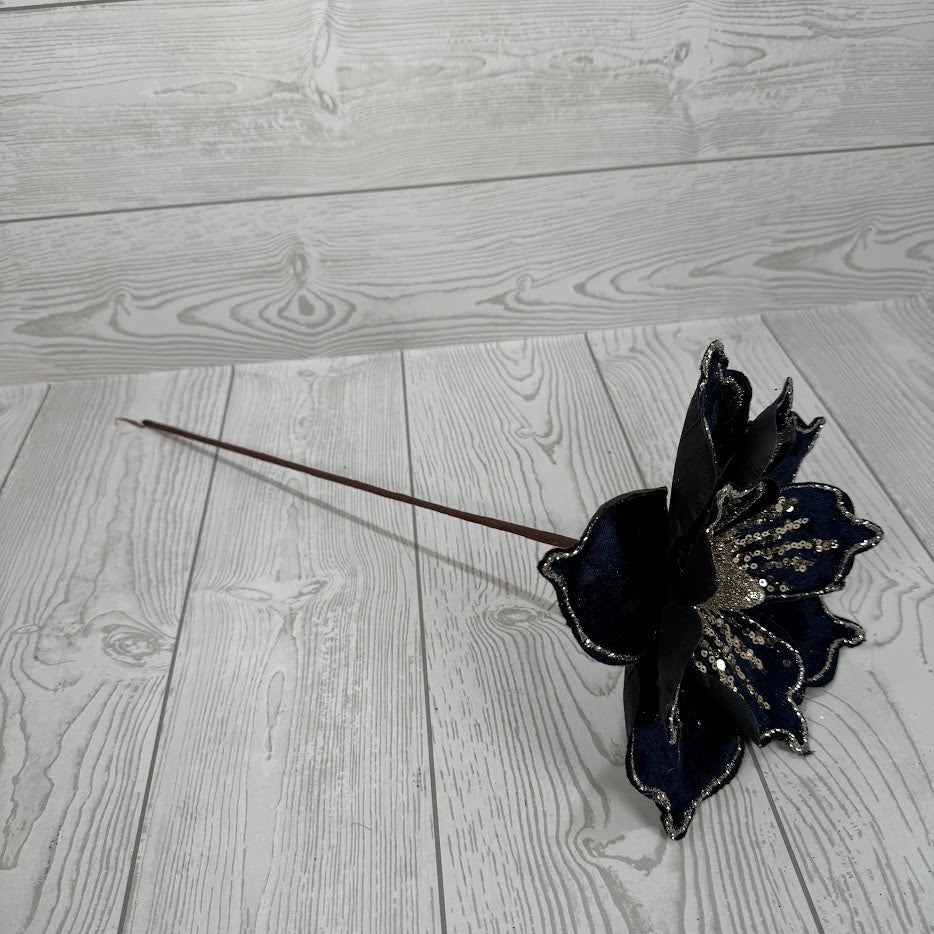 9" VELVET MAGNOLIA STEM WITH SEQUINS - NAVY/CHAMPAGNE - DCSP6671